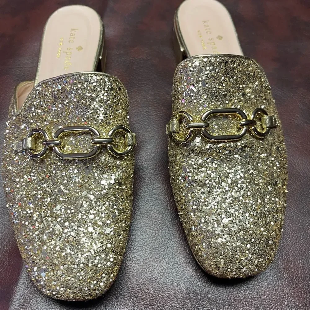 Kate Spade‎ gold glitter Glendi mules, size 6